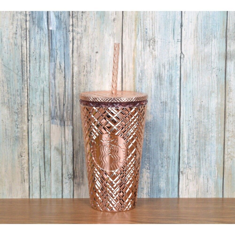 Starbucks Rose Gold Diamond Geometric Cold Cup Tumbler 16oz Venti Straw 2024 New